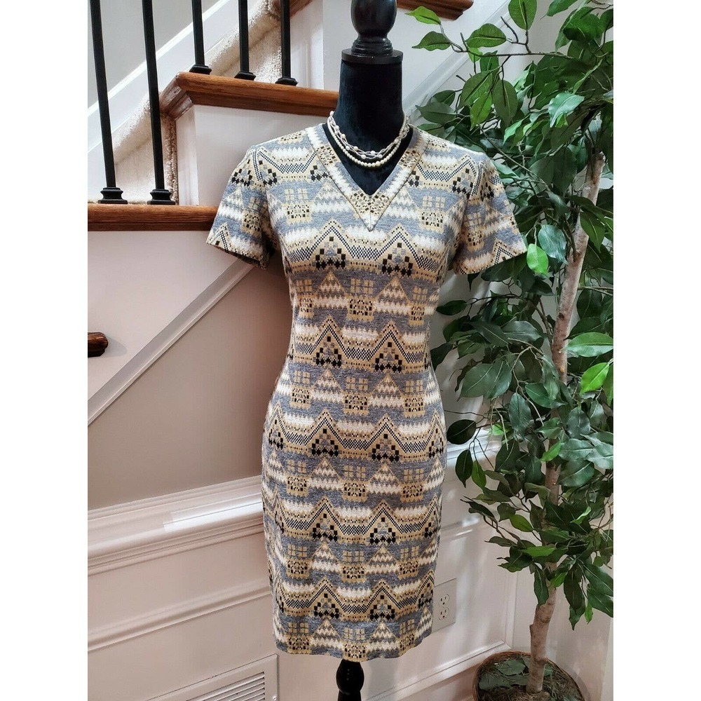 Vintage L'aiglon Multicolor Mod V-Neck Mid Century 1960 Knee Length Dress 12